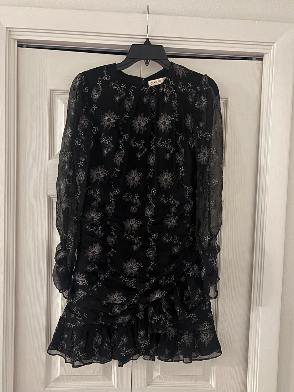 STEVIE MAY Black Long Sleeve Silver Floral Ruffle Ruched Mini Dress - Picture 5 of 15